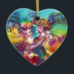 ORNAMENTO DE CERÂMICA CARNIVAL DANÇA VERMELHA RUBY CORAÇÃO<br><div class="desc">Design de arte colorida, elegante e vibrante com dançarinos de carnaval românticos: Belas dançarinas balneares, linda loira com figurinos cintilantes e empinados está dançando com um jovem Harlequin. Pintura aquosa em rosa claro, fúcsia, verde, vermelho, azul, cores amarelas, faíscas douradas inspiradas na Comédia de Arte (Commedia dell'arte) e no Carnaval...</div>