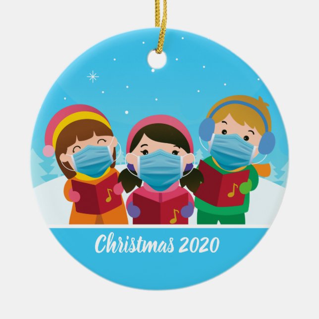 Ornamento De Cerâmica Caroleiros de Natal Engraçados na Máscara (Frente)