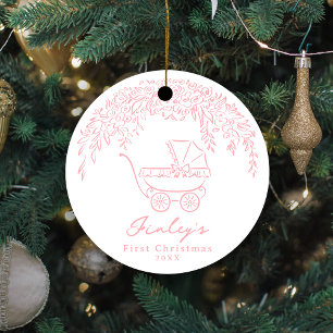 Ornamento De Cerâmica Carrinho Caprichoso Rosa Primeiro Natal do Bebê