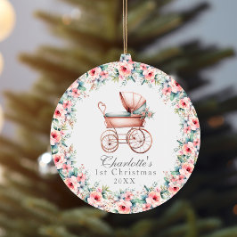 Ornamento De Cerâmica Carrinho de Bebê Menina Rosa Floral Primeiro Natal