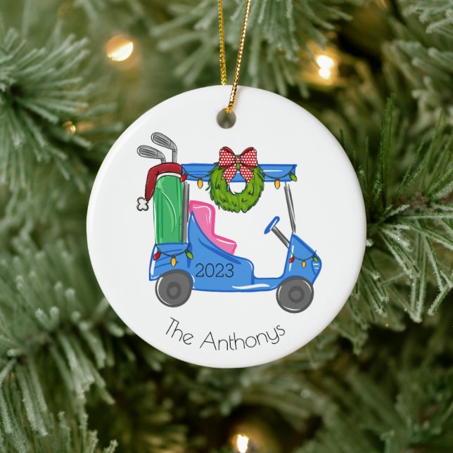 Ornamento De Cerâmica Carrinho de Golfe Azul de Natal Personalizado (Árvore)