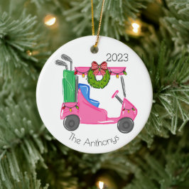 Ornamento De Cerâmica Carrinho de Golfe Rosa Personalizado com Luzes Nat