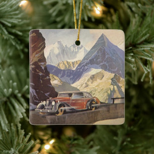 Ornamento De Cerâmica Carro Antigo na Estrada da Montanha no Inverno com