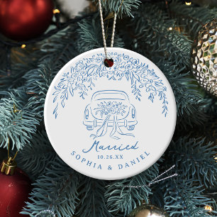 Ornamento De Cerâmica Carro Azul Caprichoso Nosso Primeiro Natal Casados