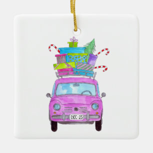 Ornamento De Cerâmica Carro cor-de-rosa com presentes de Natal