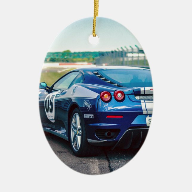 Ornamento De Cerâmica Carro de Corrida Azul (Frente)