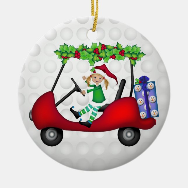 Ornamento De Cerâmica Carro de golfe do Natal com duende 1 (Frente)