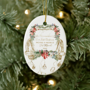 Ornamento De Cerâmica Carro Dourado Floral do Primeiro Natal, recém-cas