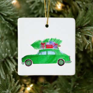 Ornamento De Cerâmica Carro Verde com Dobras de Natal