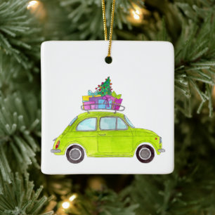 Ornamento De Cerâmica Carro Verde com Dons de Natal Aquarela
