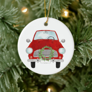 Ornamento De Cerâmica Carro Vermelho com coroa de Natal