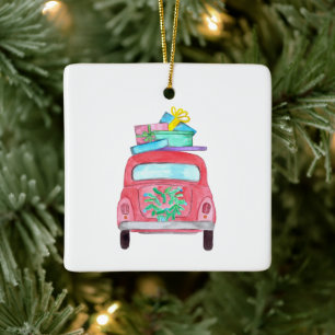 Ornamento De Cerâmica Carro Vermelho com Dobras de Natal Aquarela