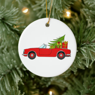 Ornamento De Cerâmica Carro Vermelho com presentes de Natal