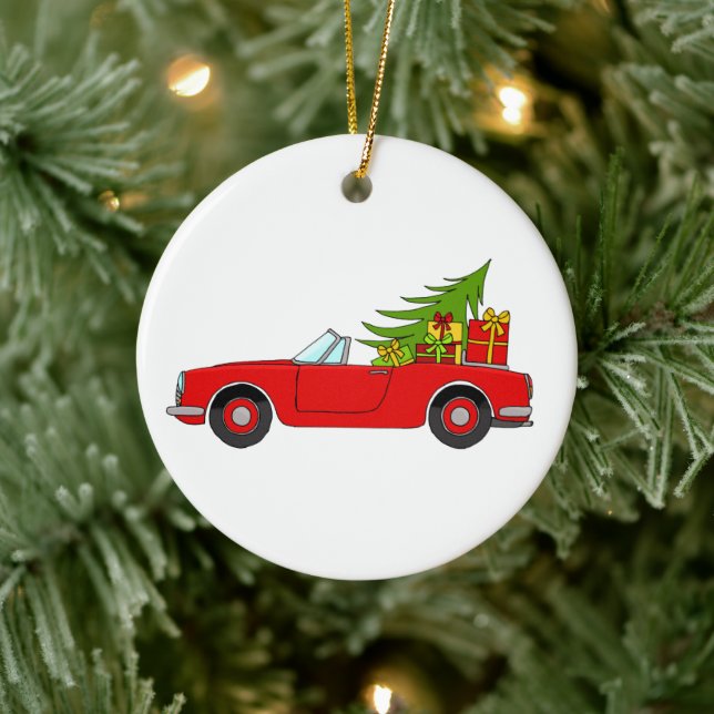Ornamento De Cerâmica Carro Vermelho com presentes de Natal (Árvore)