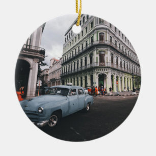 Ornamento De Cerâmica Carro vintage Clássico Azul Cityscape