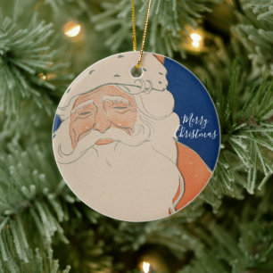 Ornamento De Cerâmica Cartão Antigo Papai Noel Vermelho no Azul