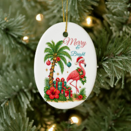 Ornamento De Cerâmica Cartão de Natal de Flamingo Tropical
