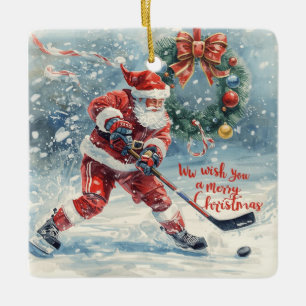 Ornamento De Cerâmica Cartão de Natal de Hockey do Papai Noel