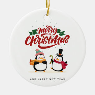 Ornamento De Cerâmica Cartão de Natal de Pinguim Engraçado, Feliz Natal