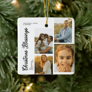 Ornamento De Cerâmica Cartão de Natal Minimalista com Família de 4 Fotos