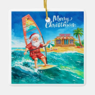 Ornamento De Cerâmica Cartão de Natal Praia do Papai Noel de Windsurf