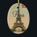 Ornamento De Cerâmica Cartão de Paris France da torre Eiffel do vintage<br><div class="desc">Este foi tal divertimento para criar isto com a adição do vazio para trás de um outro cartão francês velho. Isto poderia ser dado como um presente na caixa de presente que de harmonização eu igualmente projetei para Zazzle. Verifique-o para fora! Eu tenho diversos produtos com este design. Tenha o...</div>