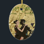 Ornamento De Cerâmica Cartão do tango de Paris do vintage<br><div class="desc">Colagem de Digitas dos dançarinos de um tango do original que pintam por Kevin Sean O'Connell em um fundo do cartão do vintage, com as borboletas vermelhas bonito e a torre Eiffel, a Paris, o France e flor de lis francesa do ouro. Personalize este design adicionando seu nome ou texto...</div>