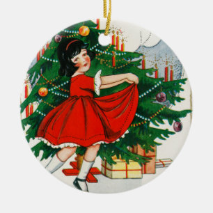 Ornamento De Cerâmica Cartão postal de Natal retrô, criança e árvore de