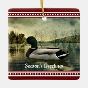 Ornamento De Cerâmica Cartão postal de Natal Vintage Mallard Duck Weathe