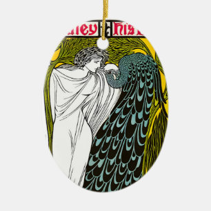 Ornamento De Cerâmica Cartaz Antigo Art Nouveau Mulher e Pavão