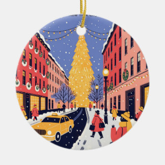 Ornamento De Cerâmica Cartaz de Viagem Retrô de Natal da Quinta Avenida