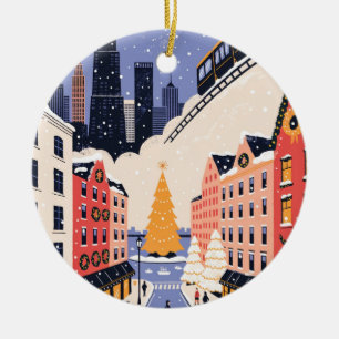 Ornamento De Cerâmica Cartaz de Viagem Retro de Natal de Chicago