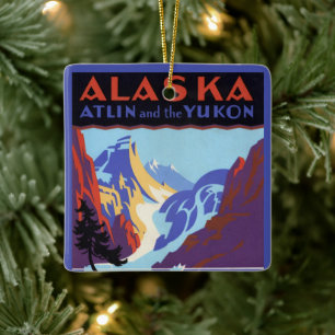 Ornamento De Cerâmica Cartaz de Viagem Vintage do Alasca, Atlin e o Yuko