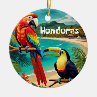 Ornamento De Cerâmica Cartaz Vintage de Viagem Honduras Arara e Tucano