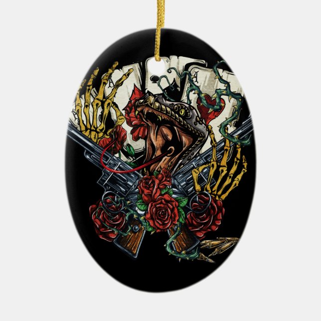 Ornamento De Cerâmica Cartões da arma do cobra e do póquer dos rosas (Frente)