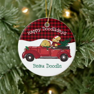 Ornamento De Cerâmica Cartografia Goldendoodles Caminhão de Natal Vermel