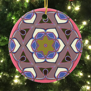 Ornamento De Cerâmica Cartografia Mandala Flor Azul Cor-de-rosa e Amarel