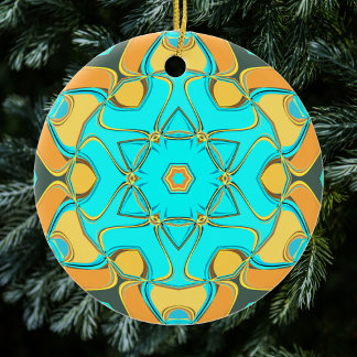 Ornamento De Cerâmica Cartografia Mandala Flor Azul e Laranja