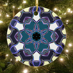 Ornamento De Cerâmica Cartografia Mandala Flor Azul Roxo Preto e Branco