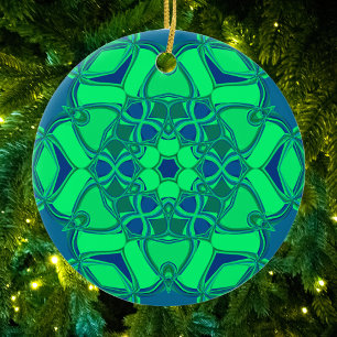 Ornamento De Cerâmica Cartografia Mandala Flor Verde e Azul