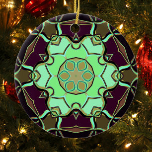 Ornamento De Cerâmica Cartografia Mandala Flor Verde Roxo e Preto