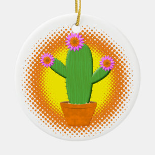 Ornamento De Cerâmica Cartoon Bonito Cactus Com Flores Rosa De Natal