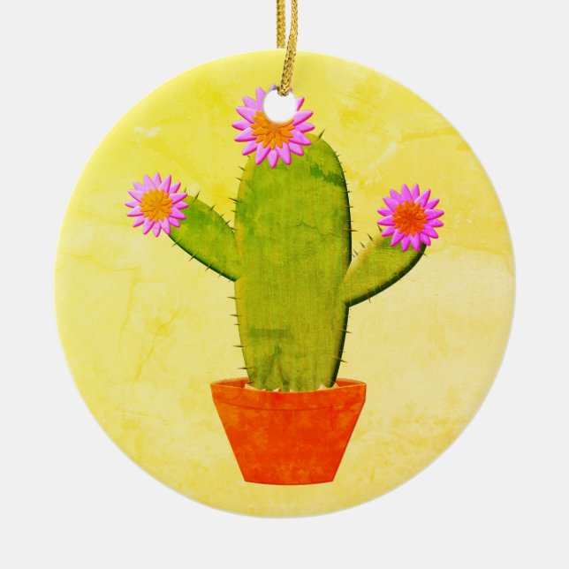 Ornamento De Cerâmica Cartoon Bonito Cactus Com Flores Rosa De Natal (Frente)