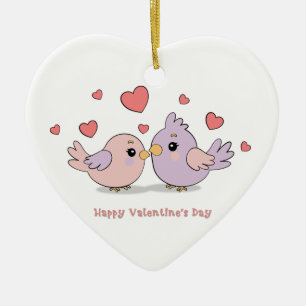 Ornamento De Cerâmica Cartoon bonito pombinhos Corações Rosa Dia do Namo