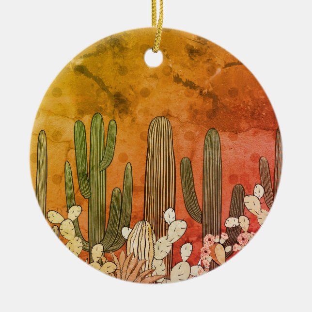 Ornamento De Cerâmica Cartoon Cactus em Laranja (Frente)