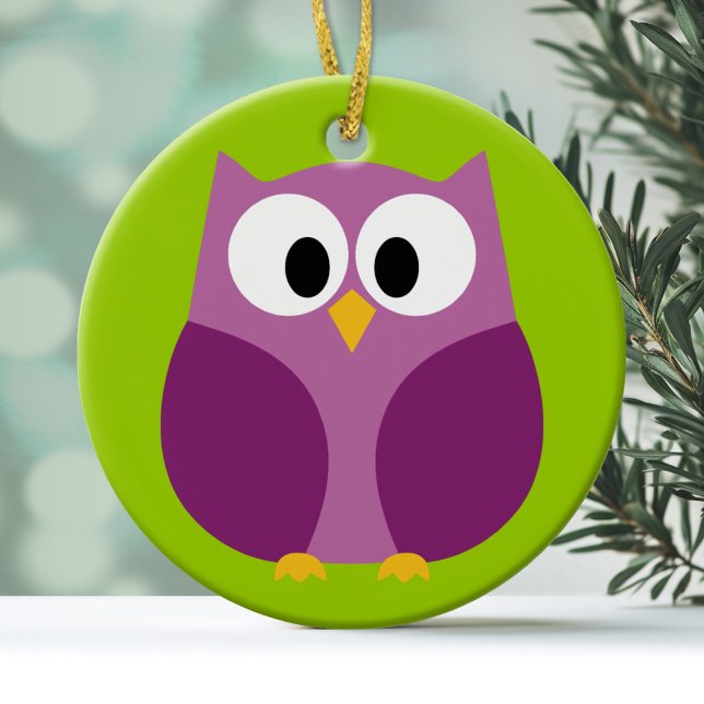 Ornamento De Cerâmica Cartoon de coroa branca - roxo e verde (Personalized Ornament - Owl)