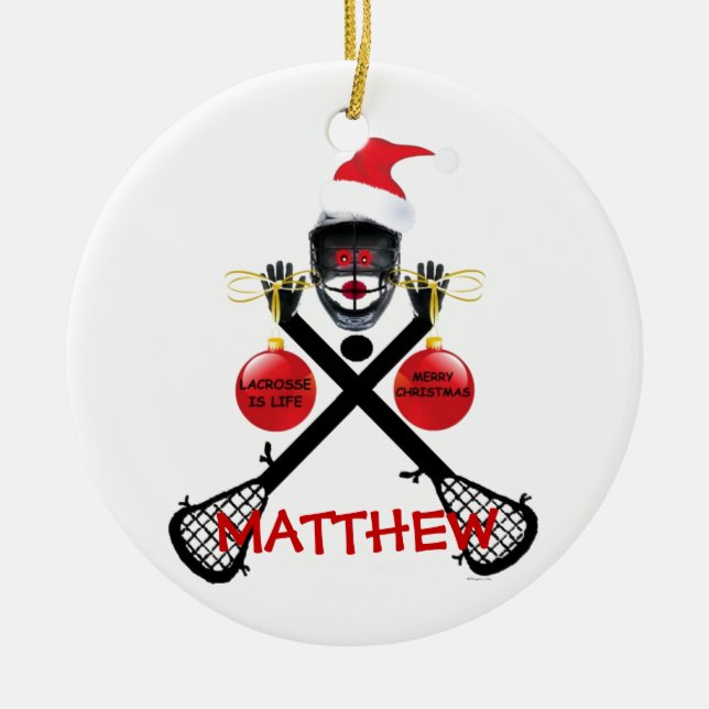 Ornamento De Cerâmica Cartoon de Natal Lacrosse (Frente)