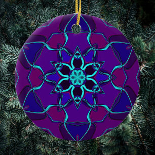 Ornamento De Cerâmica Cartoon Mandala Flor Azul e Púrpura
