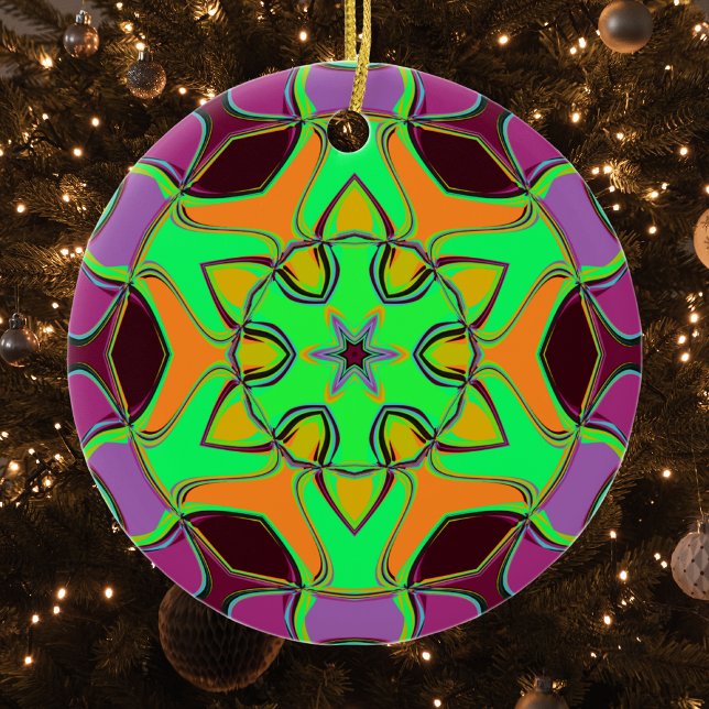 Ornamento De Cerâmica Cartoon Mandala Flor Verde Laranja e Roxo (Criador carregado)
