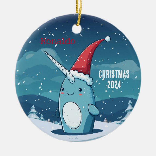 Ornamento De Cerâmica Cartoon Natal Narwhal Personalizado Ornament (Frente)